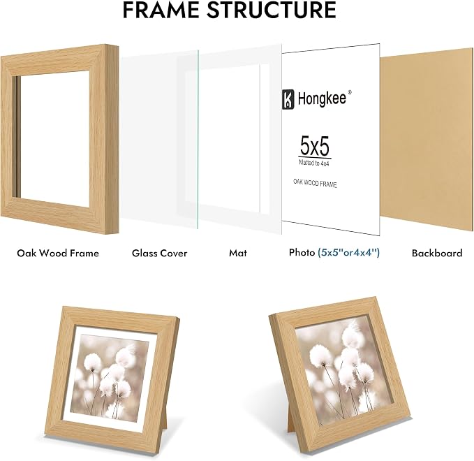 Hongkee 5x5 Oak Wood Picture Frame 1 Pack(Matted 4x4) with Real Glass Cover | Natural, 5 x 5 Solid Wood Frame for Wall or Tabletop Display - Includes Easel Back, Vertical Hang - Ideal for Home, Office