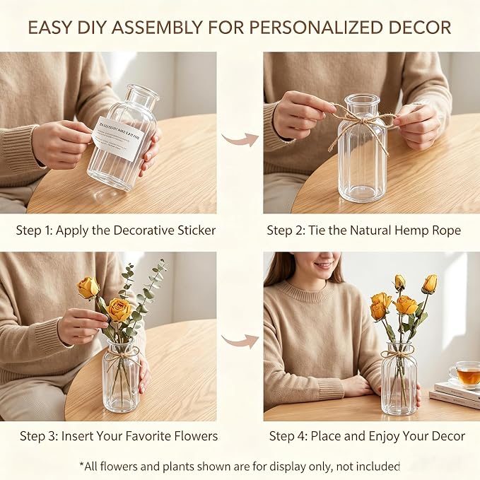 500ML Vintage Glass Vase Minimalist Clear Rustic Cylinder Bottles with Hemp Rope & Stickers for Wedding Centerpieces, Floral Arrangements, Farmhouse Home Decor, Table & Bookshelf Display