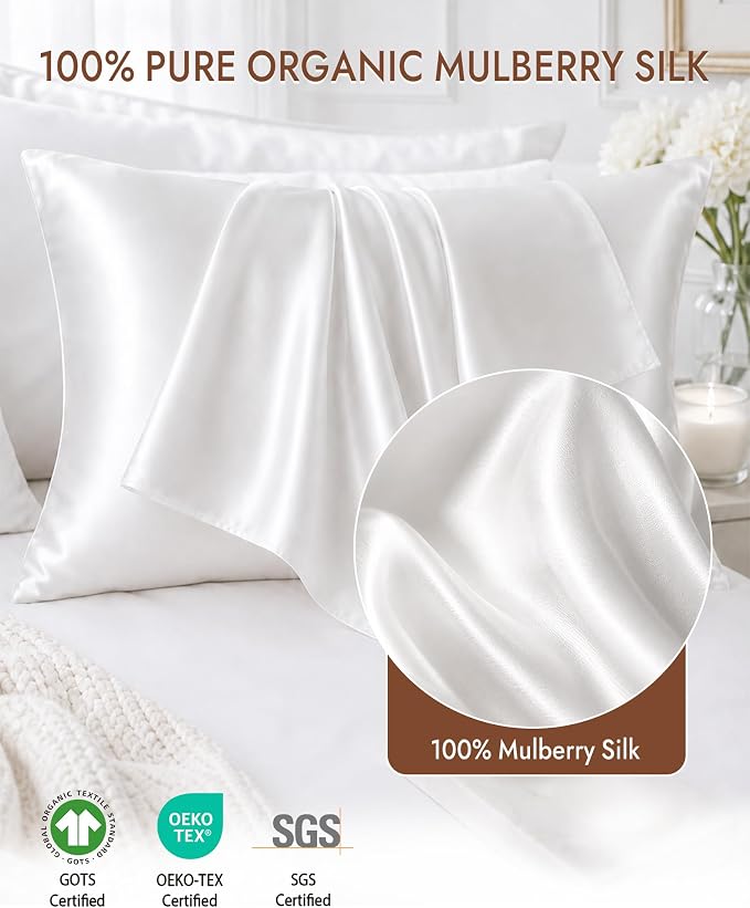 SilkSilky 100% Pure Organic Mulberry Silk Pillowcase for Hair & Skin, Both Sides Grade 6A Pillow Cases with Hidden Zipper, Breathable Cooling Silk for Beauty Sleep (Standard 20''x26'', White)