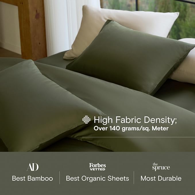 DOZ Sheet Set, 100% Viscose derived from Bamboo, Organically Grown, Buttery Soft, Cooling Sheets, High GSM, Deep Pockets - 4 Piece - 2 Pillowcases 1 Fitted 1 Top Sheet (Olive, Full)