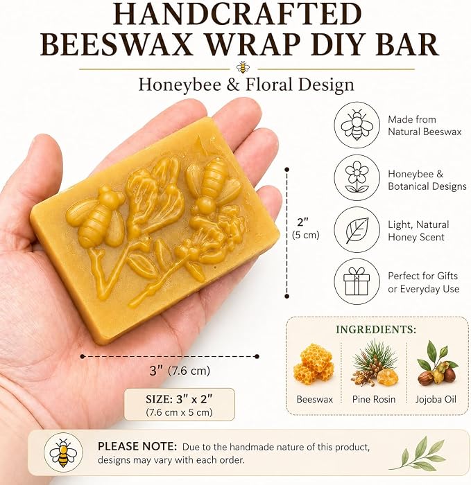 Beeswax Wraps for Food - Crafting Bar – Ready-to-Use Blend with Beeswax, Pine Rosin & Jojoba Oil – DIY Wrap Making Block for Reusable, Eco-Friendly Food Storage Refresher Bar ((1) Block)