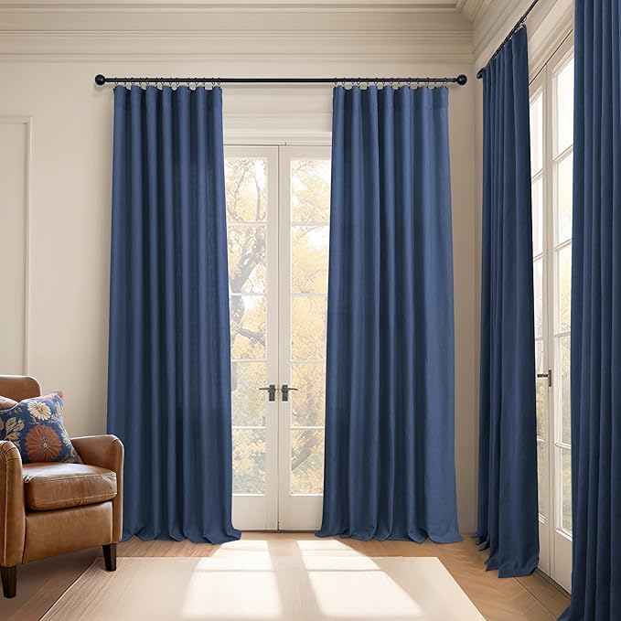 Pitalk Navy Blue Curtains 90 Inches Long for Boys Bedroom 2 Panel Back Tab Loop Pocket Light Filtering Semi Privacy Sheer Dark Blue Linen Curtains for Living Room Dining Nautical Decor 52x90 Length