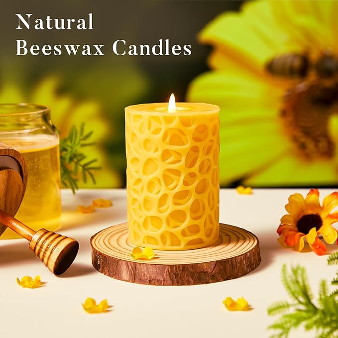 Ashlux Beeswax Pillar Candles 3x4 inch, 100% Pure Beeswax Candles-174 Hours Long Burning, Unscented and Dripless Pillar Candles Bulk for Christmas Lights,Wedding,Parties,Spas,Home Decorative