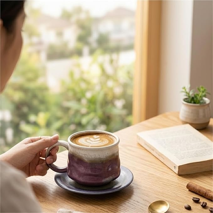 Handmade gradient ceramic coffee cup and saucer set, 8-ounce ceramic mug, distinctive glaze technology, microwave/dishwasher safe for coffee, tea, latte, rustic craftsman style(Gradient purple)
