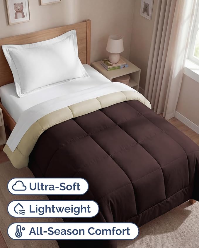 Twin Size, Brown/Beige Alternative Down Comforter - Warm, Lightweight & Breathable Hotel Quality Bedding for Men, Women, Kids & Teens - All Season Oversized Cooling Microfiber Duvet Insert Comforter