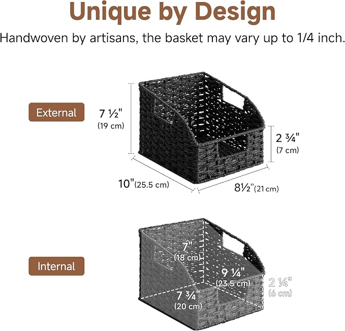 StorageWorks Pantry Organizers and Storage, Wicker Baskets with Handles, Pantry Baskets for Shelves, Paper Rope, Black， 2 Pack