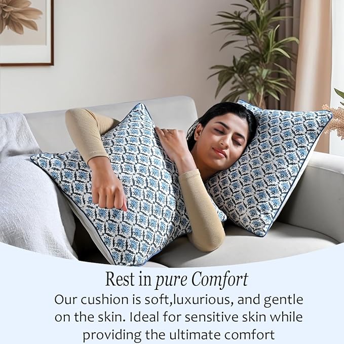 CPC Jeans Blue Block Print Throw Cushion Cover 20 x 20 Inch Set 2 - Decorative Boho Floral Pillow Case for Living Room, Bed, Sofa, Couch, Home Decor Cushion Cover Gift for Spring, Mother's Day
