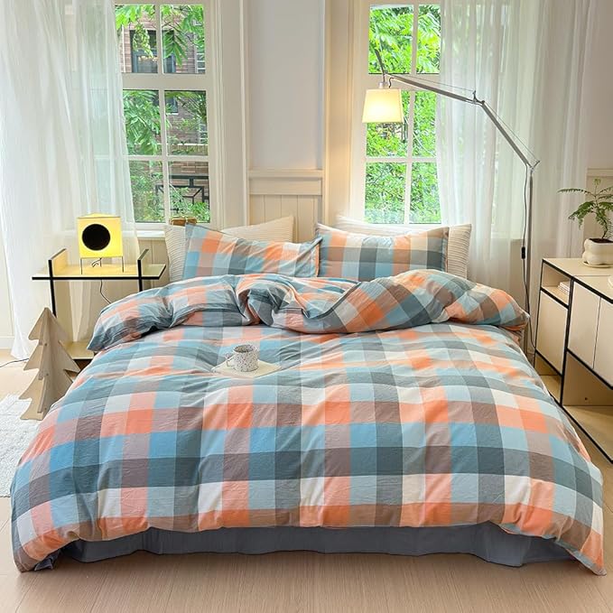 FACE TWO FACE Bedding Duvet Cover Set100% Washed Cotton Duvet Cover Linen Like Textured Breathable Durable Soft Comfy (Full, Yunxi Powder)