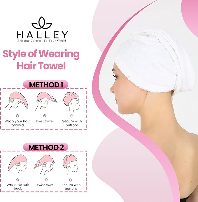 HALLEY Cotton Hair Towel Wrap (3 Packs) Super Absorbent Fast Drying Turbans for Thick, Wet Hair with Button (Black, White, Grey)