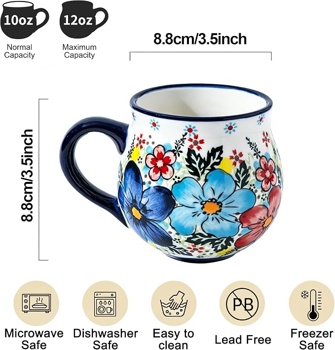 ALMA 12oz Handpainted Flowers Ceramic Coffee Mug | Microwave & Dishwasher Safe, For Daily Drinks, Kitchen, Home Workspace & Garden, Ideal for Parents & Women