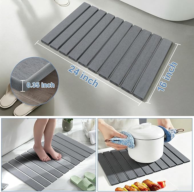 Large Stone Drying Mat for Kitchen Counter, Multifunction Stone Bath Mats for Bathroom, Collapsible Stone Dish Drying Mats, Quick Dry Diatomaceous Earth Drying Stone for Kitchen Counter, 24×16''-White