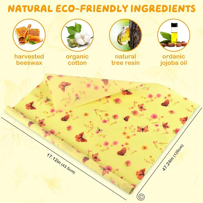 Reusable Beeswax Wraps 17 x 47 Inch Large Beeswax Food Wraps Eco-Friendly Sustainable Organic Cotton Food Storage Wraps for Sandwich, Cheese, Bread, Snacks (Butterfly)
