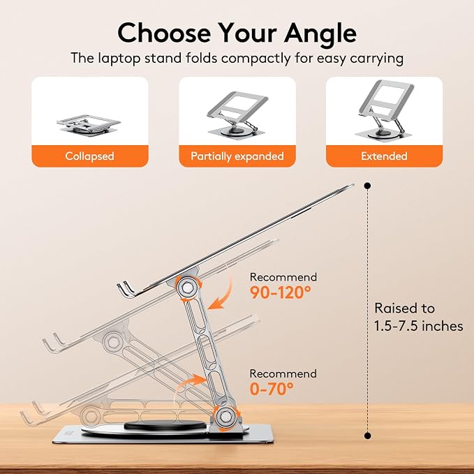 TECKNET Laptop Stand for Desk - 360° Rotating Base, Ergonomic Foldable Computer Stand for Laptop Riser, Height Adjustable, Compatible with MacBook Pro, Dell XPS, HP, and All Laptops 10-17" (Silver)