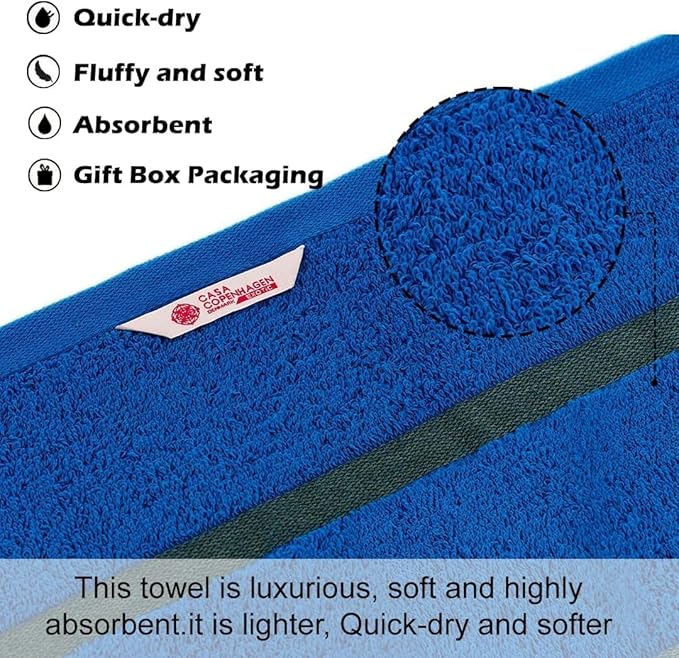 CASA COPENHAGEN Exotic 6Pcs 100% Egyptian Cotton Designer Towels Gift Set- Electric Blue, 550GSM,2Bath2Hand2Washcloths,Bath Towels for Bathroom (Box Pack,Gift Ribbon Set for Women & Men)
