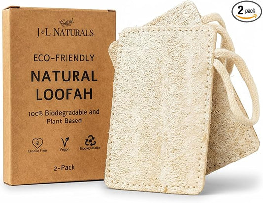 J&L Naturals Natural Loofah Pad 2-Pack, Pure Natural Loofah, Cotton, Biodegradable, Exfoliating