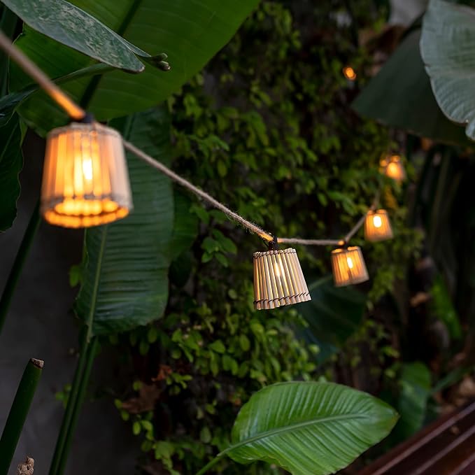 newgarden - Okinawa Solar & Rechargeable Battery Jute Color | Indoor & Outdoor use | Warm Light 35 Lumen/Bulb. Cable Length: 16ft.