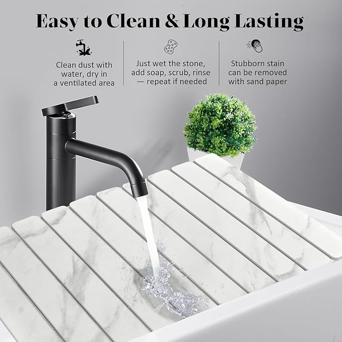 Large Stone Dish Drying Mat for Kitchen Counter, Quick Dry Dish Drying Mats, Foldable Absorbent Diatomaceous Earth Mats for Dishes Bottles Cups, Match Any Countertop (White Marble 24"×16" & 8"x4")