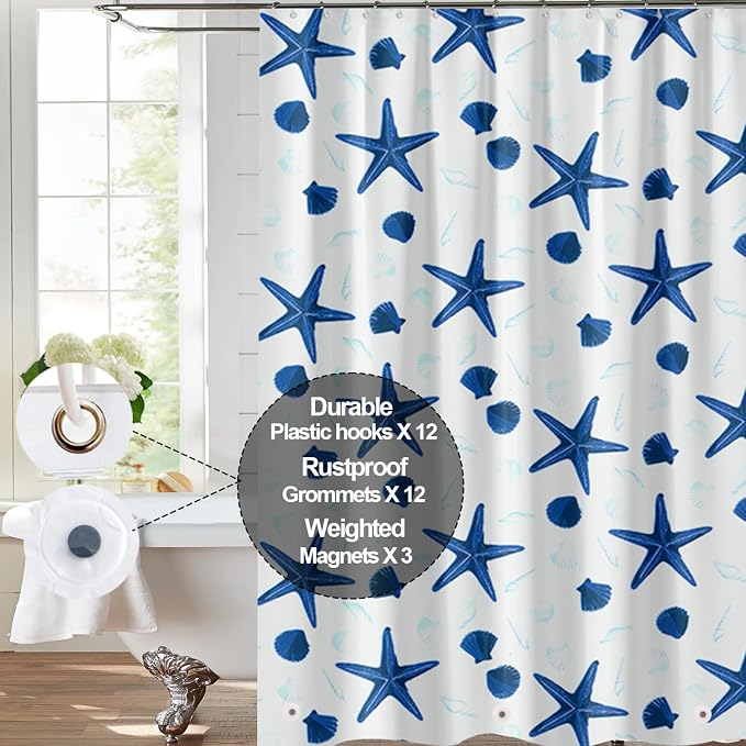 Plastic Shower Liner - Premium PEVA 4G Shower Curtain Liner with Rustproof Grommets and 3 Weighted Magnets, Waterproof Shower Curtain for Bathroom… (Shellfish and Starfish, 72”*72”)