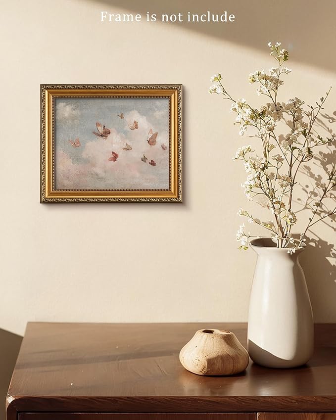 Vintage Whimsical Butterfly Wall Art Vintage Nursery Wall Art Cottagecore Girls Room Decor Cottage Butterfly Landscape Oil Art Print Country Field Style Retro Wall Decor for Gallery Living Room Bedroom (UNFRAMED 8x10in)