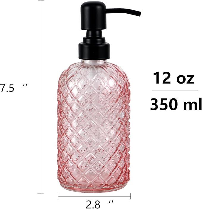 12Oz Glass Soap Dispenser with 304 Black Rustproof Stainless-Steel Pump, Refillable Glass Soap Dispenser for Kitchen, Bathroom, Farmhouse (Pink)