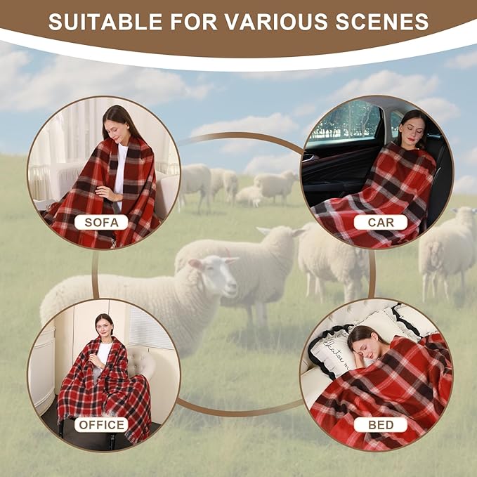 100% Wool Blanket Throw,Buffalo Plaid Wool Blanket with Compact Bag,Rustic Soft Lightweight Blanket for Couch,Sofa,Bed & Home Decoration, Warm Travel Blanket for Home, Airplane,Ideal Gifts 55"x83"