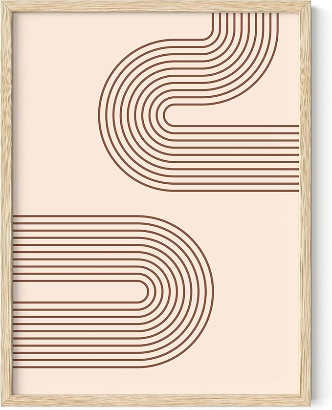 Abstract Double Wavy Arch Wall Art Minimalist S-Shape Lines Earth Tones Terracotta Brown 12x16 Inch Oak Wood Beige Framed Boho Geometric Print for Modern Living Room Decor
