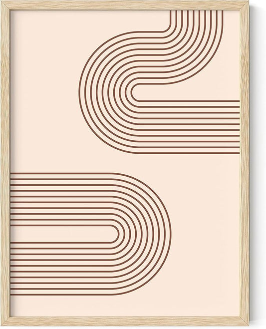 Abstract Double Wavy Arch Wall Art Minimalist S-Shape Lines Earth Tones Terracotta Brown 12x16 Inch Oak Wood Beige Framed Boho Geometric Print for Modern Living Room Decor