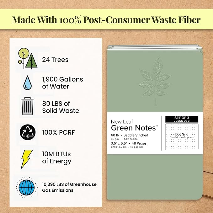 New Leaf Green Notes 100% Recycled Memo Books, 3-Pack Dotted Grid, 3.5" x 5.5", Ash Embossed Cover, Saddle Stitch, FSC Certified, Made in USA
