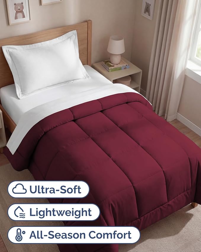 Twin Size, Burgundy Alternative Down Comforter - Warm, Lightweight & Breathable Hotel Quality Bedding Set for Men, Women, Kids & Teens - All Season Oversized Cooling Microfiber Duvet Insert Comforter