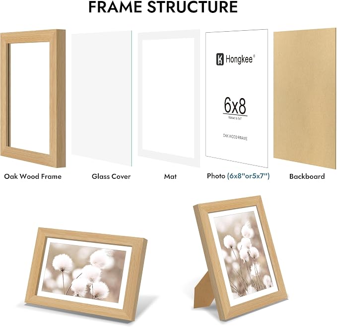 Hongkee 6x8 Oak Wood Picture Frame 1 Pack(Matted 5x7) with Real Glass Cover | Natural, 6 x 8 Solid Wood Frame for Wall or Tabletop Display - Includes Easel Back, Vertical Hang - Ideal for Home, Office