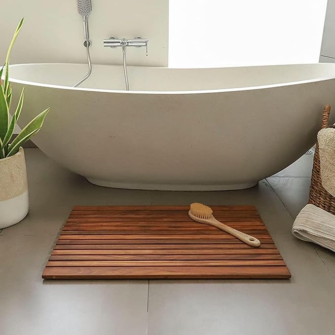 Nordic Teak 100% Solid Teak Wood String Mat - Indoor and Outdoor Use - Non-Slip Wooden Platform for Sauna, Pool, Hot Tub Flooring Decor and Protector (Oiled Finish, 31.4" x 19.6")