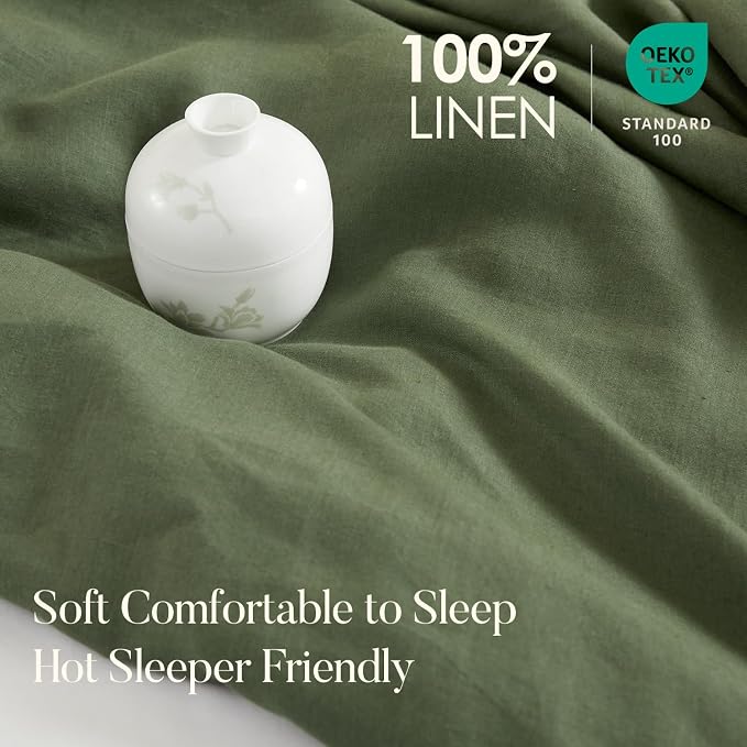 DAPU 100% Linen Olive Green Duvet Cover Set, Pure Natural French Flax Linen with Corner Ties and Zipper Closure Soft Breathable Durable for Hot Sleepers 1 Duvet Cover 2 Pillowcases (Queen)
