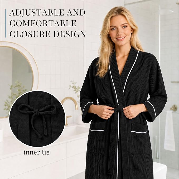 Inner Wish Women's Cotton Waffle Kimono Robe, Lightweight Quick Dry Spa Shower Robe with Pockets