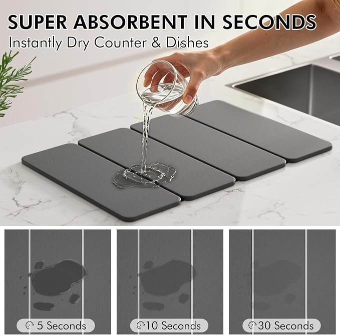 2-in-1 Diatomaceous Earth Dish Drying Mat and Bamboo Dish Rack Combo, 24x16 Inch Super Absorbent Fast Dry Stone Dish Drying Mat, Collapsible Space Saver for Kitchen Counter Bathroom Apartment