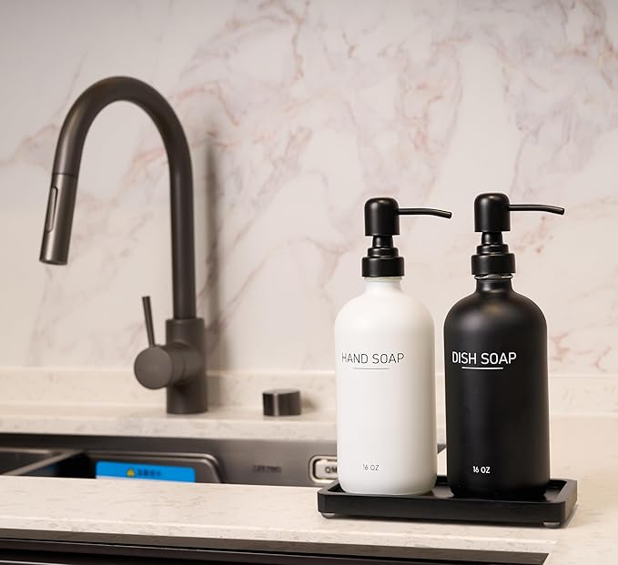 Black & White Soap Dispenser Set, Glass Soap Dispenser with Stainless Steel Pump & Tray, Farmhouse Hand Soap Dispenser & Dish Soap Dispenser for Bathroom Kitchen Sink (B & W hi)