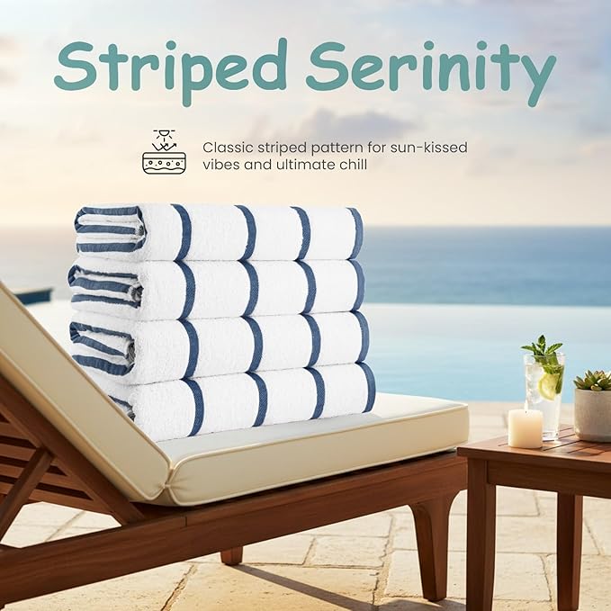 CASA COPENHAGEN Cabana Pool 4Pcs 100% Egyptian Cotton Large Designer Beach Towels Gift Set- White Indigo, 500GSM, 55"x27", 4 Beach Bath Towels (Box Pack, Set for Women & Men)