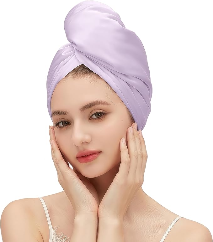 Satin Microfiber Hair Towel Wrap for Quick Drying & Anti-Frizz - Super Absorbent, Hair Turbans for Wet Hair, Ideal for Long, Short, Curly Hair (Light Purple)