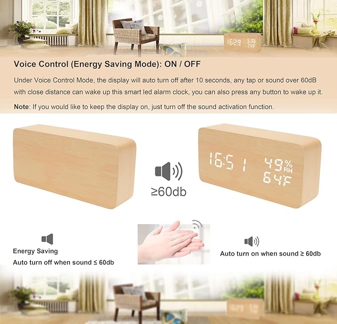 Alarm Clock Modern Wood Digital Clock Snooze LED Desk Clock Display Time Temperature Humidity Brightness Adjustable for Home Kids Bedroom Office(Beige)