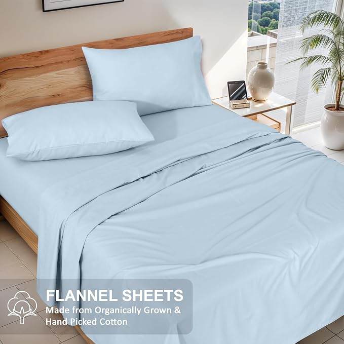RUVANTI Flannel Sheets Full Size - GOTS Certified 100% Organic Cotton, 4 Piece Warm, Soft & Breathable Set, Deep Pocket Snug Fit, Double Brushed Cozy All Season Bedding, Baby Blue