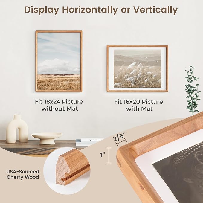 18 x 24 Poster Frame, USA-Sourced Cherry Wood Picture Frame with HD Tempered Glass, Handcrafted Rounded Corner 18x24 Wooden Frames Matted to 16x20 Photos, Horizontal or Vertical Wall Display