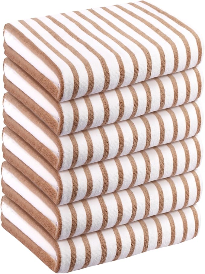 JML Microfiber Beach Towels, 6 Pack, 30" x 60", Cabana Stripe, Absorbent and Quick Dry Bath Towel Set for Adults, Travel, Summer Party, Sport, Swimming, Pool, Yoga, Camping, Strpes Coffee and White