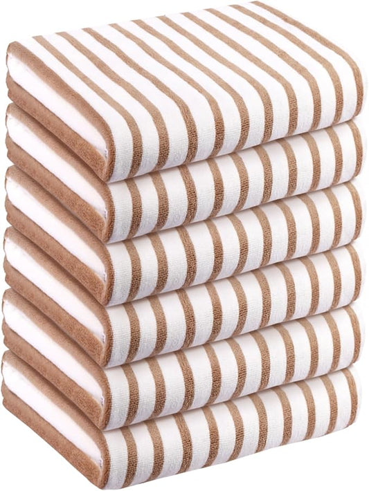 JML Microfiber Beach Towels, 6 Pack, 30" x 60", Cabana Stripe, Absorbent and Quick Dry Bath Towel Set for Adults, Travel, Summer Party, Sport, Swimming, Pool, Yoga, Camping, Strpes Coffee and White