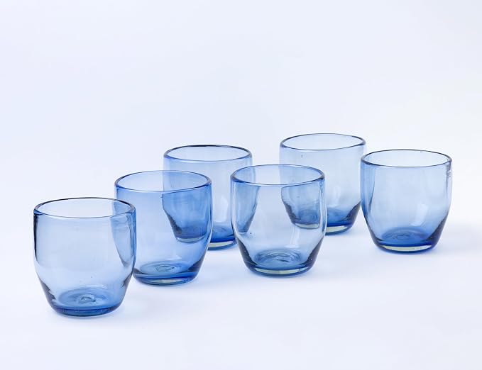 9 oz Hand Blown Mexican Drinking Glasses - Set of 6, 9 fl oz each, Light Cobalt