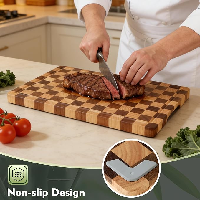 3 Pack Checkered Wood Cutting Board Set Cutting Boards for Kitchen Non Slip Acacia Wood Chopping Board with Juice Grooves & Handles Wooden Chopping Board Butcher Block End Grain