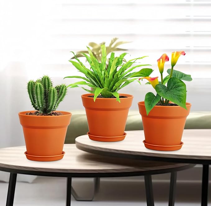 Meowell 4 inch Small Plastic Nursery Pots, 16 Pack Plant Pots for Indoor Outdoor Plants, Flower Pots with Drainage Holes and Saucers, Decorative Seedling Starter Planters for House Plants, Terracotta