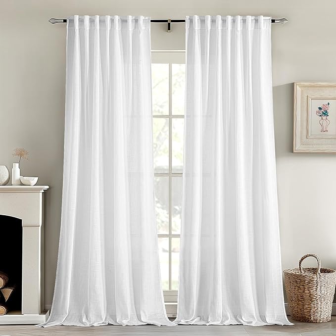 MIULEE White Linen Curtains 78 Inch Long 2 Panels for Bedroom Living Room, Soft Thick Linen Textured Back Tab Window Drapes Semi Sheer Light Filtering Rod Pocket Modern Farmhouse Decor