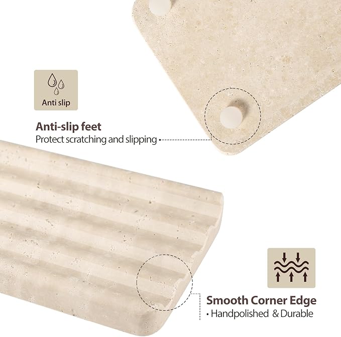 Koville 2PCS Travertine Soap Dishes for Shower, Marble Soap Dish Bar Soap Holder for Sink, Stone Soap Tray for Bathroom, Stripe Grooves Saver Keep Bars Dry Easy Clean