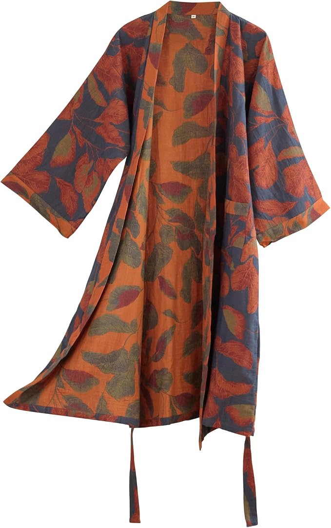 100% Cotton Gauze Ginkgo Leaf Kimono Robe, Long Knit Loose Bathrobe Nightgown Ladies Loungewear Sleepwear for Women