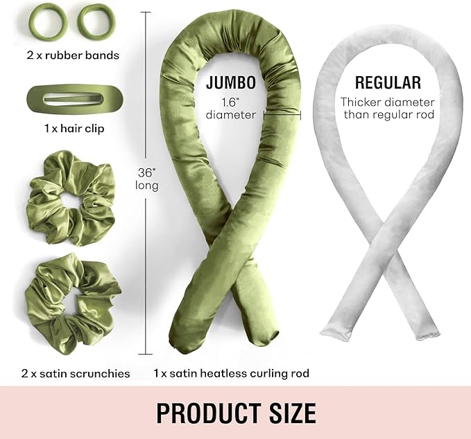 Jumbo Heatless Hair Curler Set-Satin Heatless Curls Overnight, Jumbo Curling Rod Headband, No Heat Curlers To Sleep in (Moss Green)