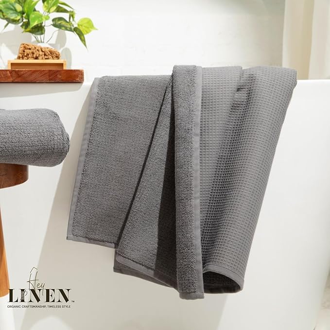 100% Organic Cotton Bath Sheet Set of 2 | Luxury 650 GSM Beach & Spa Towel Sheet | Soft Extra Large Quick Dry Towel for Bathroom | Waffle Terry Weave | Cool Gray 35x70